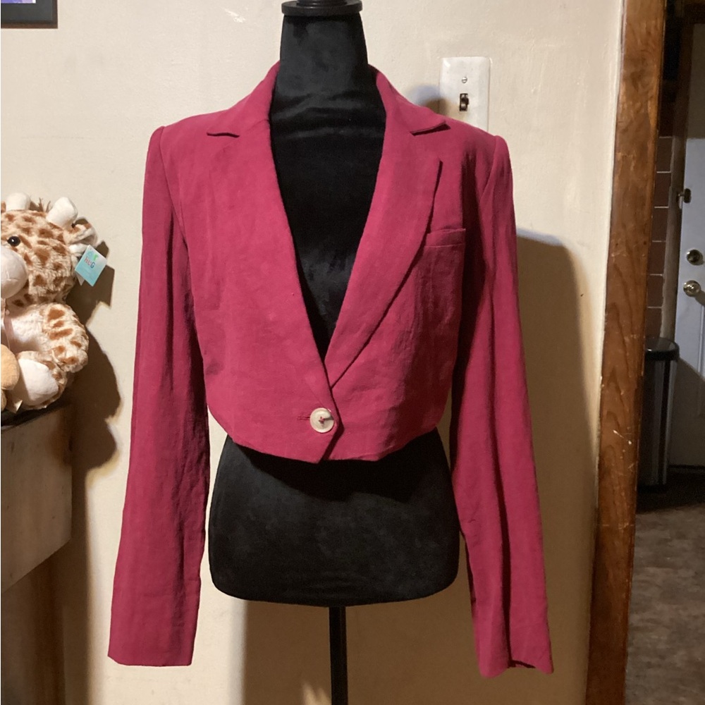 Free People Women's Raspberry Pink Cropped Linen Blend BlazerJacket Size S